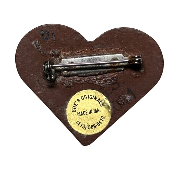 God Bless America Heart-shaped Handmade Wooden Folk Art Pin Brooch - Picture 2 of 3